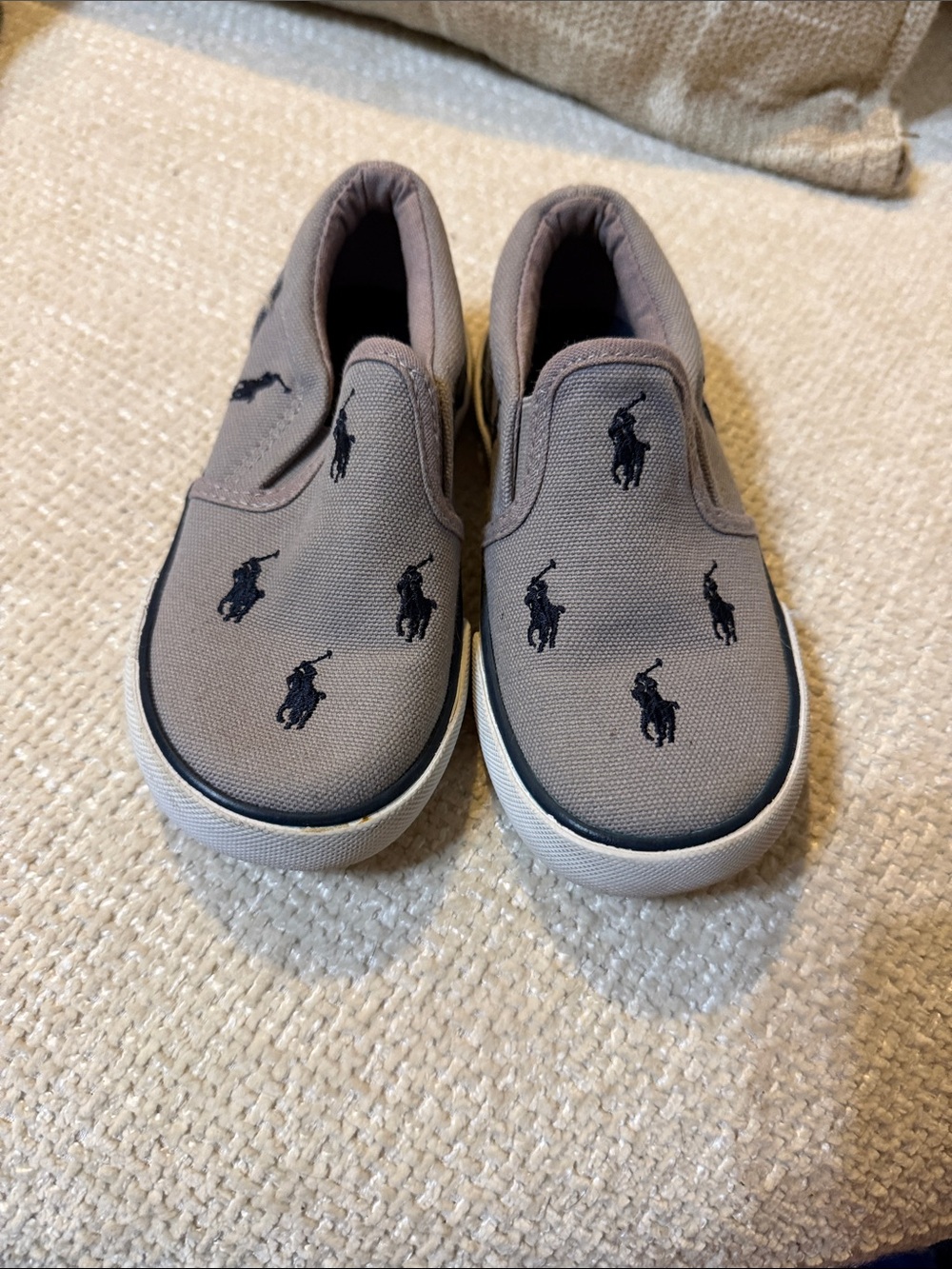 Ralph Lauren Kids Taupe Canvas Slip-On Sneakers with Navy Pony Embroidery